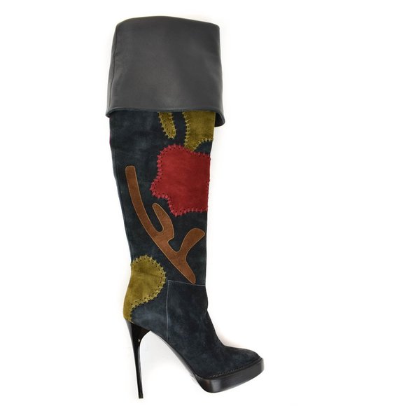 BURBERRY Prorsum: Navy Blue, Patchwork "Allison" Over The Knee Boots - Picture 10 of 10